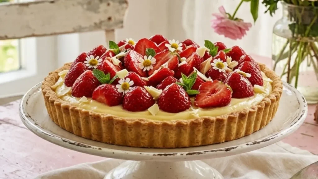 Crostata di fragole fresche su alzatina bianca in ambiente shabby chic con fiori primaverili e frolla croccante.