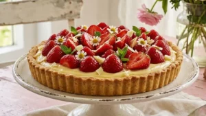 crostata-fragole-frolla-perfetta-shabby-chic Crostata di fragole fresche su alzatina bianca in ambiente shabby chic con fiori primaverili e frolla croccante.