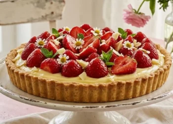 Crostata di fragole fresche su alzatina bianca in ambiente shabby chic con fiori primaverili e frolla croccante.