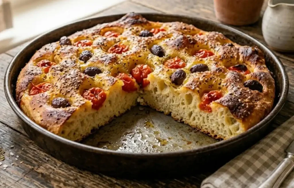 Focaccia barese fatta in casa, intera e dorata con pomodorini e olive, presentata su un tavolo di legno bianco in un'ambientazione shabby chic romantica con rose e bottiglia d'olio EVO.