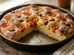 Focaccia barese fatta in casa, intera e dorata con pomodorini e olive, presentata su un tavolo di legno bianco in un'ambientazione shabby chic romantica con rose e bottiglia d'olio EVO.