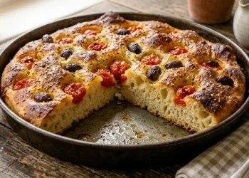 Focaccia barese fatta in casa, intera e dorata con pomodorini e olive, presentata su un tavolo di legno bianco in un'ambientazione shabby chic romantica con rose e bottiglia d'olio EVO.