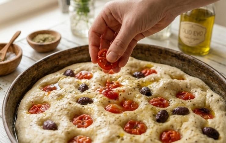 Cuocete alla massima temperatura del vostro forno (anche 250 gradi) sul ripiano più basso per i primi 10 minuti, poi spostate la focaccia a metà per altri 10/15 minuti finché i bordi saranno dorati e croccanti. Alla fine spegnete, estraete la focaccia e fatela raffreddare completamente oppure gustatela leggermente tiepida in tutta la sua morbidezza!