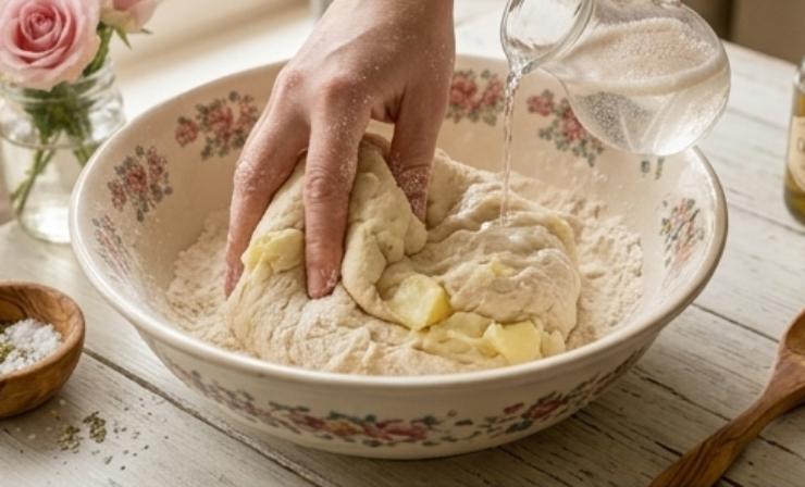 In una ciotola capiente mescolate le farine, la patata già lessa e schiacciata fredda, il lievito sciolto in un po’ d’acqua tiepida presa dal totale e lo zucchero. Mescolate bene, quindi proseguite aggiungendo la restante acqua un po’ alla volta ed infine unite il sale. L’impasto risulterà molto idratato ed appiccicoso: lavoratelo energicamente per 10 minuti.&nbsp;