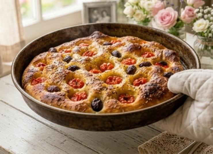 Focaccia barese appena sfornata nella teglia di metallo scuro, dorata e bollosa, in un'ambientazione shabby chic romantica con rose.