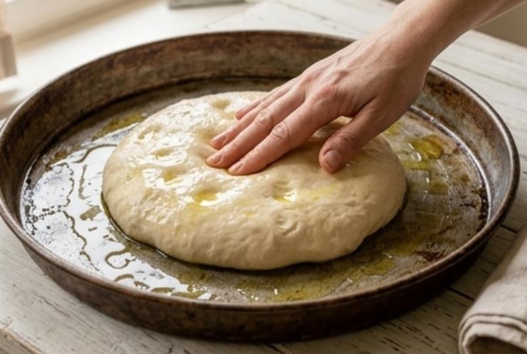 Fatto ciò coprite con un panno o con la pellicola per alimenti e lasciate lievitare in un luogo caldo fino al raddoppio (occorreranno circa 2/3 ore). A questo punto ungete generosamente la teglia con l’olio, trasferite l’impasto e stendetelo con i polpastrelli: lasciate riposare altri 30 minuti in teglia. Schiacciate i pomodorini con le mani direttamente sulla focaccia (così il succo bagna l’impasto), aggiungete le olive denocciolate, sale grosso, origano e ancora un giro d’olio.
