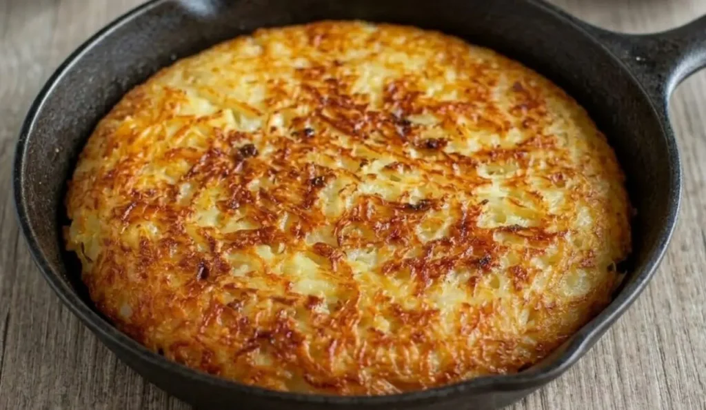 frico-friulano-croccante-padella Frico friulano croccante alle patate e formaggio Montasio servito in una padella di ghisa nera su un tavolo di legno.