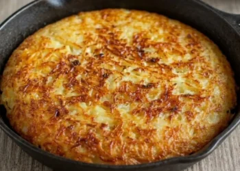 Frico friulano croccante alle patate e formaggio Montasio servito in una padella di ghisa nera su un tavolo di legno.