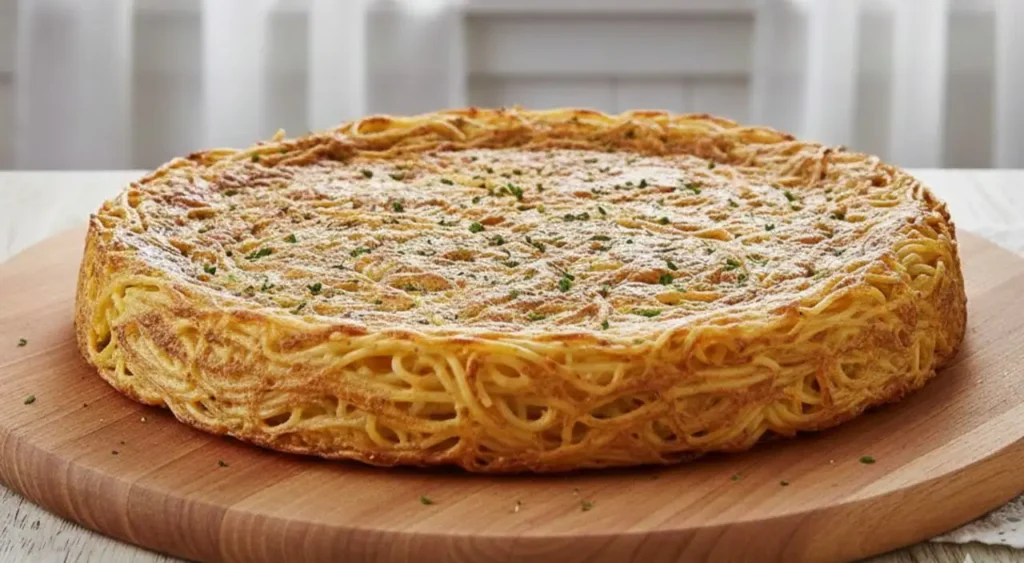 Frittata di spaghetti intera e dorata al forno, servita su un tagliere di legno circolare in una cucina luminosa stile shabby chic con tende bianche sullo sfondo.
