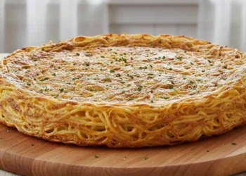 Frittata di spaghetti intera e dorata al forno, servita su un tagliere di legno circolare in una cucina luminosa stile shabby chic con tende bianche sullo sfondo.