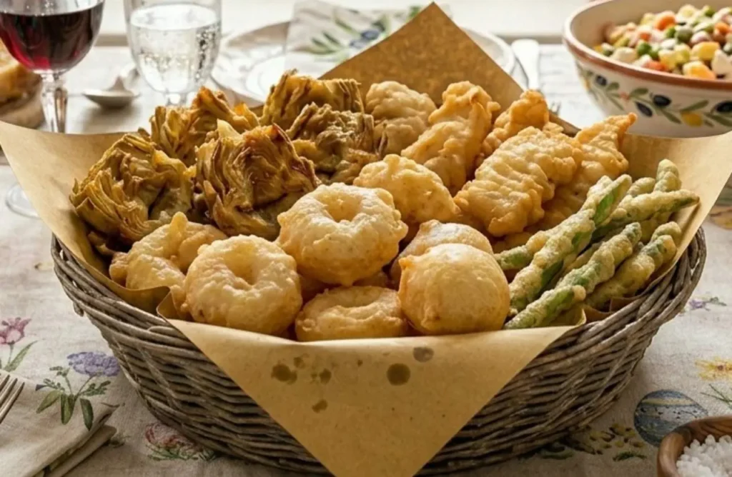Cesto di vimini con fritti misti in pastella dorati e croccanti, carciofi, verdure e ciambelline salate su una tavola imbandita per Pasqua con uova colorate e decorazioni shabby chic.