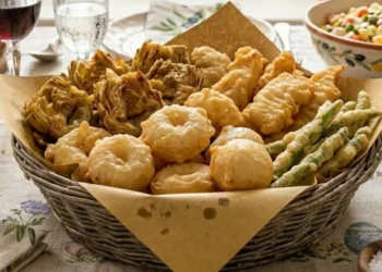 Cesto di vimini con fritti misti in pastella dorati e croccanti, carciofi, verdure e ciambelline salate su una tavola imbandita per Pasqua con uova colorate e decorazioni shabby chic.
