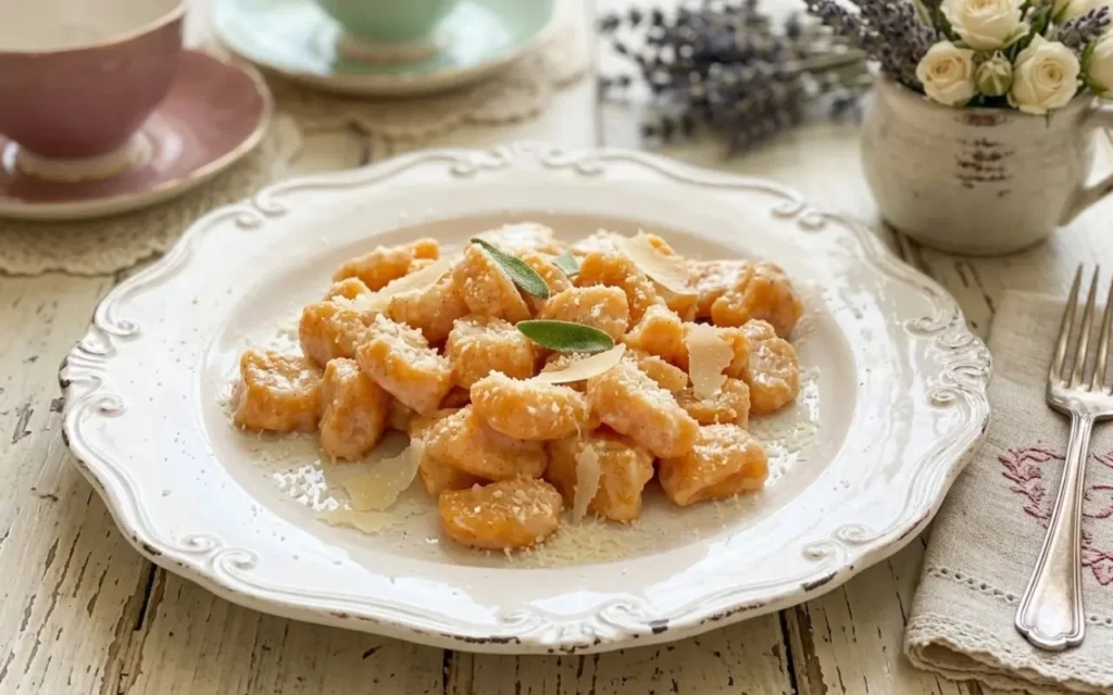gnocchi-patate-dolci-burro-salvia-parmigiano Gnocchi di patate dolci arancioni mantecati con burro, salvia e parmigiano su un piatto bianco shabby chic decorato.
