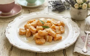 Gnocchi di patate dolci arancioni mantecati con burro, salvia e parmigiano su un piatto bianco shabby chic decorato.