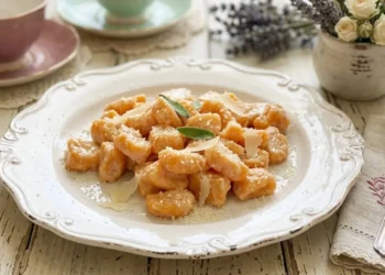 Gnocchi di patate dolci arancioni mantecati con burro, salvia e parmigiano su un piatto bianco shabby chic decorato.