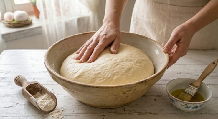 Sciogliete il lievito nell’acqua tiepida. In una ciotola capiente, unite farina, acqua, strutto ed un pizzico di pepe: lavorate energicamente ed aggiungete il sale solo alla fine. Ottenuto un panetto liscio, lasciatelo lievitare fino al raddoppio (circa 2/3 ore) in un luogo caldo ed asciutto. Mentre l’impasto cresce, lavate bene la scarola e pulitela. In una padella larga, fate dorare l’aglio con l’olio extra vergine d’oliva, poi unite la verdura e fatela appassire a fuoco vivo per eliminare tutta l’acqua.