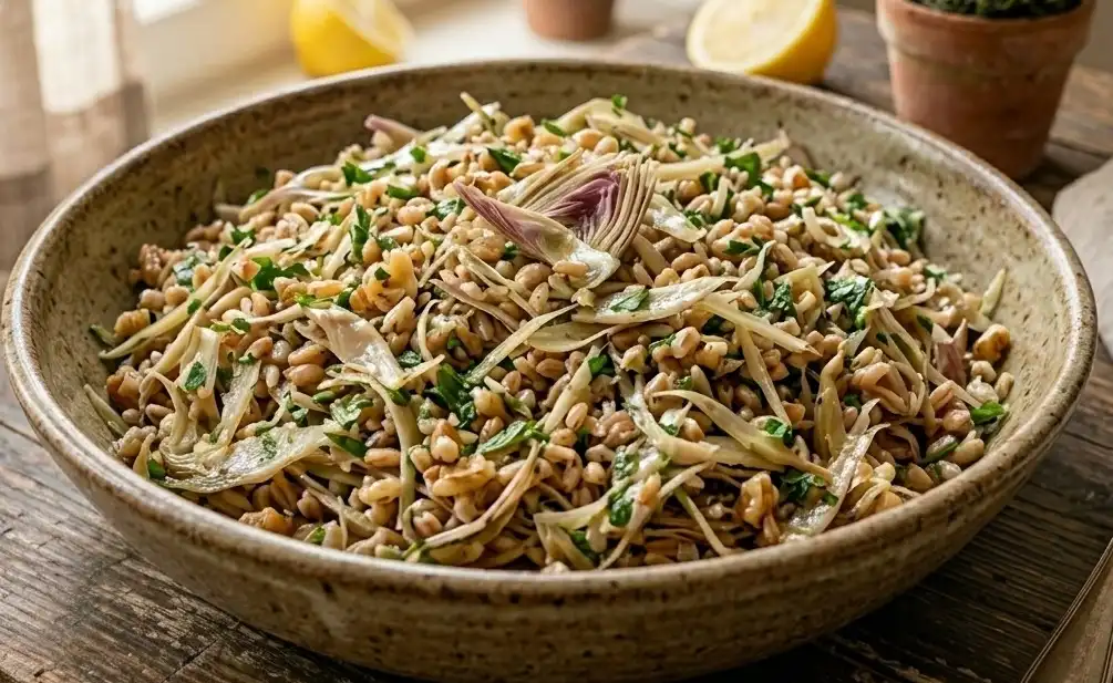 Insalata di farro integrale ben condita con carciofi a fettine sottili, noci sminuzzate e prezzemolo fresco in una ciotola di ceramica rustica.