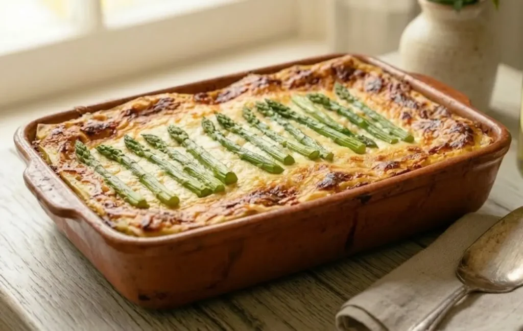 Lasagna bianca agli asparagi e formaggio gratinata, presentata in una teglia di terracotta rustica su un tavolo di legno. Accanto, una bottiglia di Olio EVO Pugliese (Barisano), un vaso con rose e una ciotola di Parmigiano. Luce naturale da una finestra.