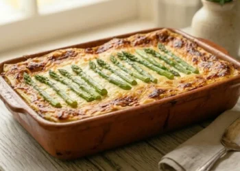 Lasagna bianca agli asparagi e formaggio gratinata, presentata in una teglia di terracotta rustica su un tavolo di legno. Accanto, una bottiglia di Olio EVO Pugliese (Barisano), un vaso con rose e una ciotola di Parmigiano. Luce naturale da una finestra.