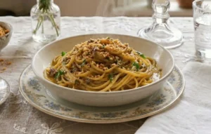 linguine-cremose-alici-limone-senza-burro Piatto di linguine cremose condite con battuto di alici e limone, spolverate con mollica croccante e prezzemolo, su tavola shabby chic con fiori.