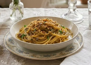 Piatto di linguine cremose condite con battuto di alici e limone, spolverate con mollica croccante e prezzemolo, su tavola shabby chic con fiori.