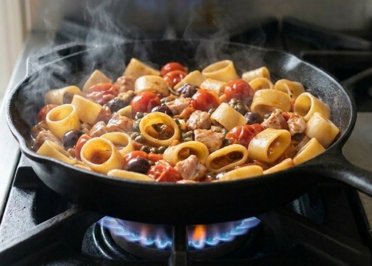 Giunta a bollore l’acqua per la pasta, versate il formato scelto e cuocetelo al dente. Trasferite la pasta nel sugo di pomodoro con un mestolino del suo liquido di cottura e saltate per un minuto per far legare gli amidi. Solo negli ultimi 30 secondi, unite anche i cubetti di pesce spada che avevate messo da parte e saltate per completare la preparazione. Spegnete il fuoco, aggiungete il prezzemolo fresco tritato e servite!