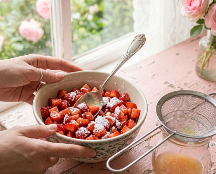 Lavate le fragole, tagliatene metà a cubetti piccolissimi e lasciate l’altra metà intera per la decorazione. Mettete la frutta tagliata in una ciotola con il limoncello, il succo di un limone filtrato e lo zucchero a velo e lasciate marinare per 15 minuti, poi filtrate con un colino e mettete da parte la bagna e la frutta.