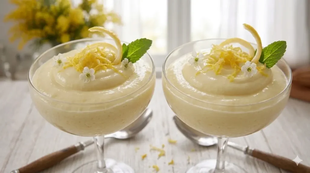 Primo piano di due calici di vetro con mousse al limone liscia e vellutata, decorata con scorza di limone e fiori, in una cucina shabby chic con mimosa sullo sfondo.