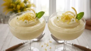 Primo piano di due calici di vetro con mousse al limone liscia e vellutata, decorata con scorza di limone e fiori, in una cucina shabby chic con mimosa sullo sfondo.