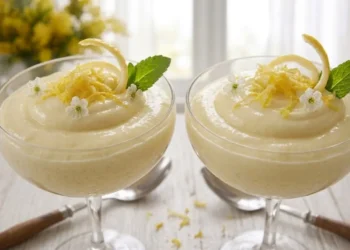 Primo piano di due calici di vetro con mousse al limone liscia e vellutata, decorata con scorza di limone e fiori, in una cucina shabby chic con mimosa sullo sfondo.