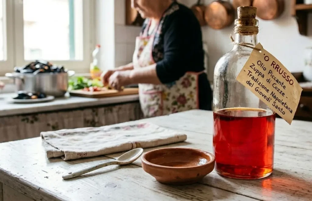 Olio piccante 'o rrusso per zuppa di cozze napoletana, limpido e filtrato, in bottiglia di vetro su tavola shabby chic con casatiello.