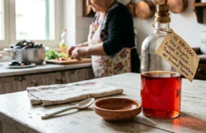 Olio piccante 'o rrusso per zuppa di cozze napoletana, limpido e filtrato, in bottiglia di vetro su tavola shabby chic con casatiello.