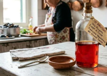 Olio piccante 'o rrusso per zuppa di cozze napoletana, limpido e filtrato, in bottiglia di vetro su tavola shabby chic con casatiello.