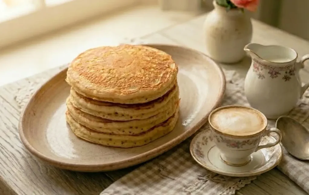 pancake ricotta e limone soffici su un piatto con accanto del caffelatte