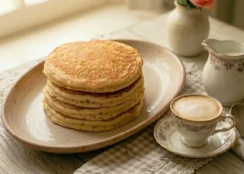 pancake ricotta e limone soffici su un piatto con accanto del caffelatte