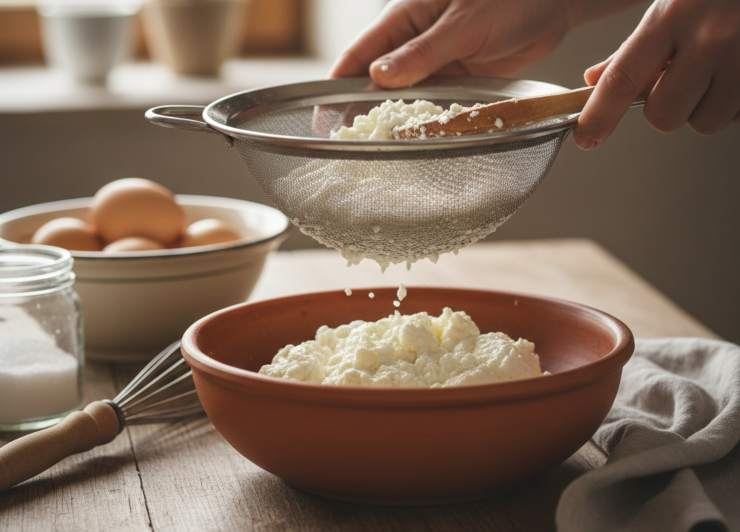 Ora passate alla seconda parte del ripieno: setacciate la ricotta che avrete fatto scolare bene e mescolatela allo zucchero. Lasciate riposare il composto in frigo per almeno 4 ore (o meglio tutta la notte insieme alla frolla), coperto ermeticamente. Trascorso il tempo necessario riprendete la ciotola con la ricotta e lo zucchero, date una bella mescolata ed unite le uova una alla volta, poi il grano freddo, i canditi, l’aroma di fiori d’arancio ed infine la cannella. Mescolate delicatamente con una frusta a mano finché non sarà tutto omogeneo e cremoso.