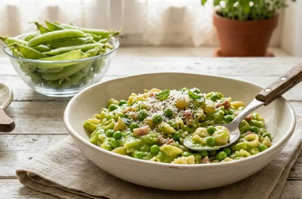 pasta-e-piselli-cremosa-napoletana-baccelli-freschi Piatto di pasta e piselli cremosa con pasta mista, guarnito con pecorino e pepe nero, accanto a baccelli di piselli freschi su tavolo in legno bianco.