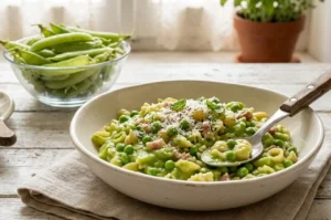 Piatto di pasta e piselli cremosa con pasta mista, guarnito con pecorino e pepe nero, accanto a baccelli di piselli freschi su tavolo in legno bianco.