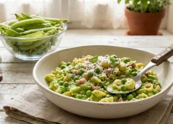 Piatto di pasta e piselli cremosa con pasta mista, guarnito con pecorino e pepe nero, accanto a baccelli di piselli freschi su tavolo in legno bianco.