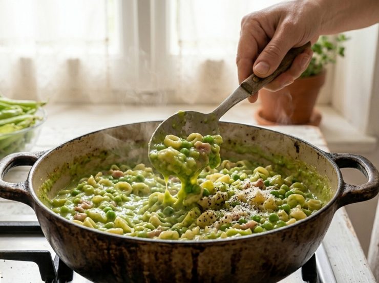 Mescolate spesso in modo che la pasta rilasci il suo amido che, unendosi alla dolcezza dei piselli che iniziano a sfaldarsi, creerà una bella cremina densa. A cottura ultimata, quando la pasta sarà ancora un po’ al dente, spegnete il fuoco: aggiungete un filo d’olio a crudo ed abbondante pepe nero se vi piace.Lasciate riposare 2 minuti coperto per creare quella tipica consistenza ‘azzeccosa’ che piace tanto, aggiungere il parmigiano grattugiato e servite!&nbsp;