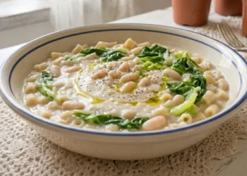 Piatto fondo di pasta e fagioli vellutata con scarole fresche a crudo, olio EVO e pepe nero su tavolo bianco shabby chic con erbe aromatiche.
