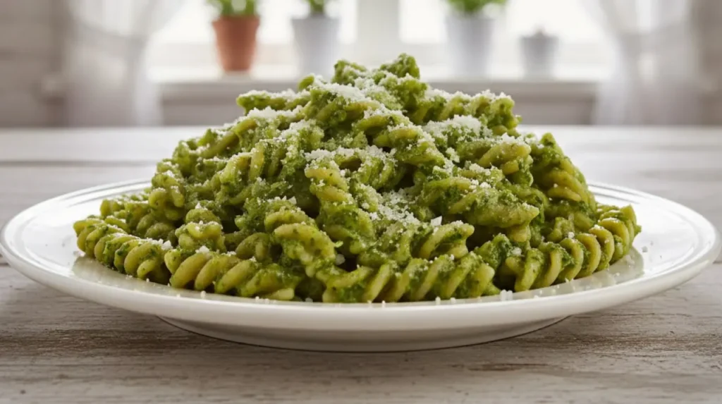 Piatto di fusilli integrali avvolti in una densa crema di broccoli verde brillante con una spolverata di pecorino, ambientazione cucina luminosa shabby chic