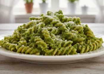 Piatto di fusilli integrali avvolti in una densa crema di broccoli verde brillante con una spolverata di pecorino, ambientazione cucina luminosa shabby chic