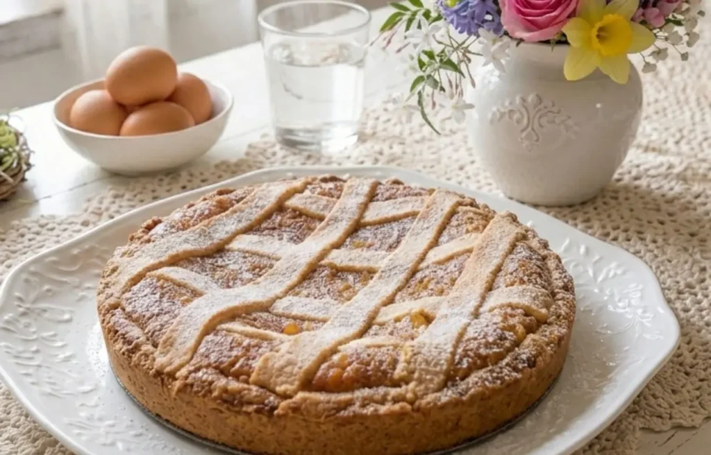 Pastiera napoletana intera fuori dal ruoto su vassoio di ceramica bianca decorata, ambientazione cucina shabby chic con fiori pasquali e uova.