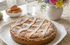 Pastiera napoletana intera fuori dal ruoto su vassoio di ceramica bianca decorata, ambientazione cucina shabby chic con fiori pasquali e uova.