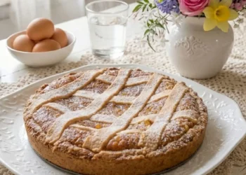 Pastiera napoletana intera fuori dal ruoto su vassoio di ceramica bianca decorata, ambientazione cucina shabby chic con fiori pasquali e uova.