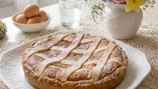Pastiera napoletana intera fuori dal ruoto su vassoio di ceramica bianca decorata, ambientazione cucina shabby chic con fiori pasquali e uova.