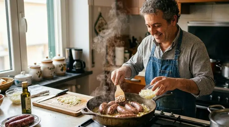 Iniziate pulendo le cipolle e tagliandole a fette non troppo sottili, quindi prendete una padella ampia, scaldate un filo d’olio extra vergine d’oliva e adagiate le salsicce. Bucherellatele leggermente con uno stuzzicadenti, fatele rosolare bene su tutti i lati finché sono dorate ed una volta pronte, toglietele dalla padella e tenetele da parte.
