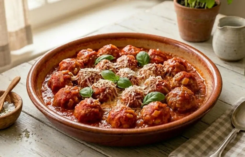 Polpette di pane e formaggio affogate nel sugo di pomodoro, servite in una teglia di terracotta rustica su un tavolo di legno bianco