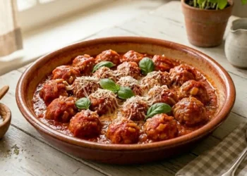 Polpette di pane e formaggio affogate nel sugo di pomodoro, servite in una teglia di terracotta rustica su un tavolo di legno bianco